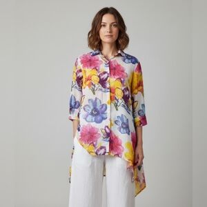 Orange Fashion Village Floral Blouse O/S Lagenlook 100%Cotton Asymmetrical Tunic